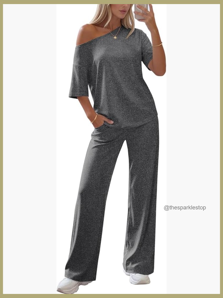 Off Shoulder Lounge Set Short Sleeve Top And Long Pants 2 Piece